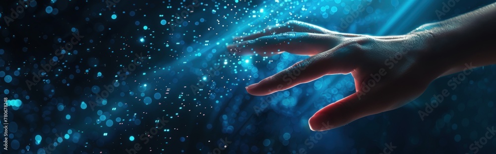 Aufkleber hand touching virtual screen with digital light technology concept. generate ai image