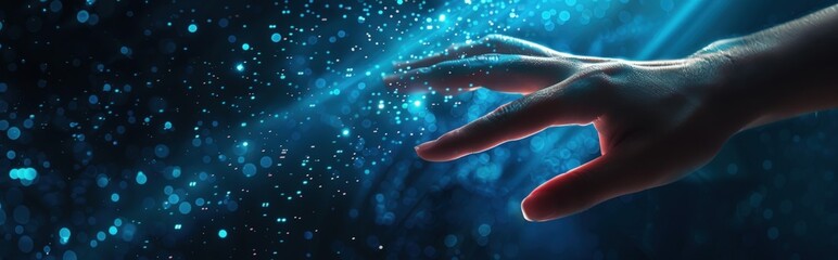 Hand touching virtual screen with digital light technology concept. Generate AI image