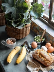 Cozy kitchen setting with fresh bread, bananas, eggs, and green peas on a rustic wooden table by a window with plants.