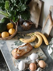 Still life of fresh produce with bananas, eggs, and bread on a rustic kitchen counter.