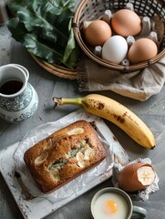 Rustic breakfast setup with banana bread, fresh eggs, a ripe banana, and a cup of coffee on a wooden table.