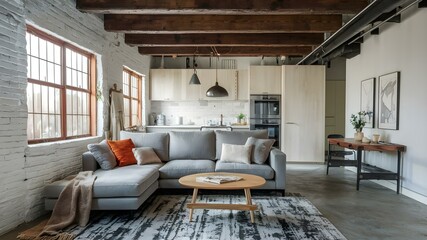 Rustic-Chic Loft Space with Comfy Sofa & Wood Accents. Concept Rustic-Chic Decor, Loft Space, Comfy Sofa, Wood Accents