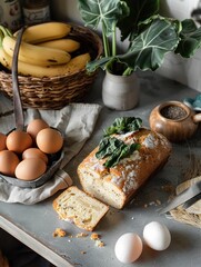 Rustic kitchen scene with a loaf of bread, fresh eggs, bananas, and greens on a wooden table.