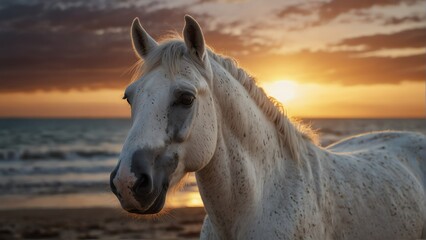 white horse closeup portrait looking on camera at dram f-aa-ab-ada-dcclose-up portrait looking on camera at dramatic sunset on beach background from Generative AI