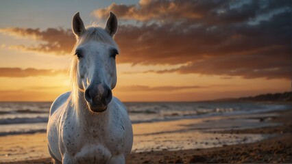 white horse closeup portrait looking on camera at dram bcd-cca--bf-eeadcclose-up portrait looking on camera at dramatic sunset on beach background from Generative AI - obrazy, fototapety, plakaty
