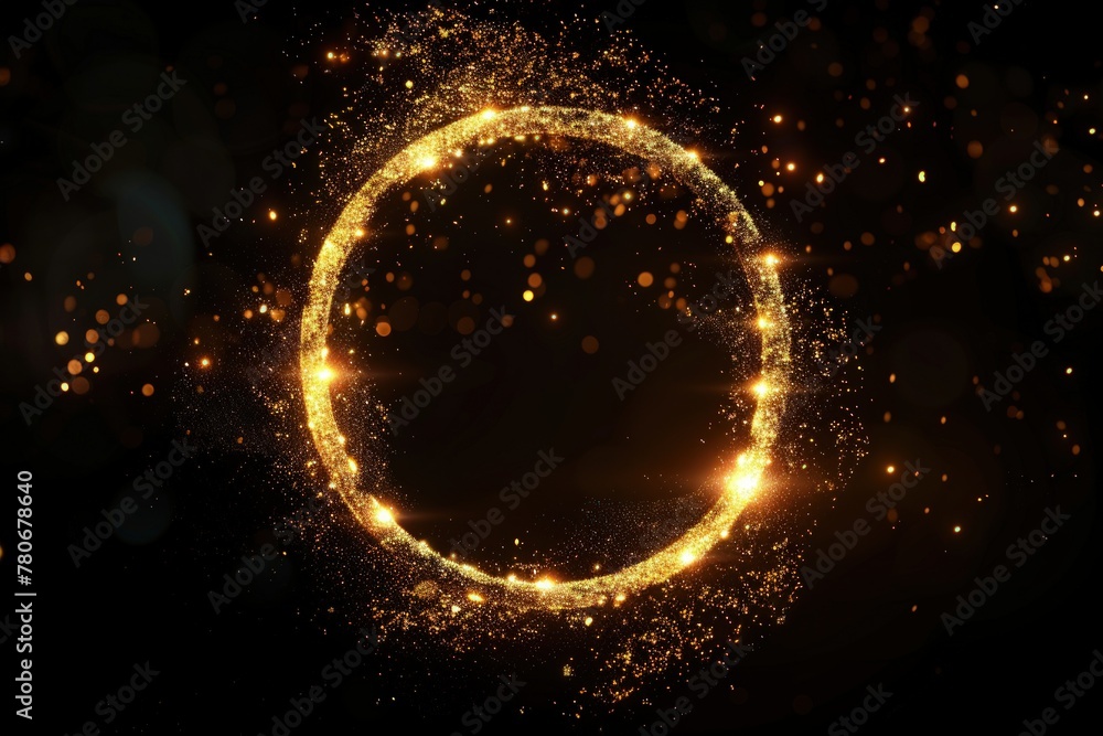Poster abstract golden ring frame with glowing particle on a black background. generate ai image