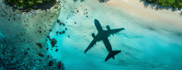 Aerial View of an Airplanes Shadow Over a Tropical Beach on a Sunny Day