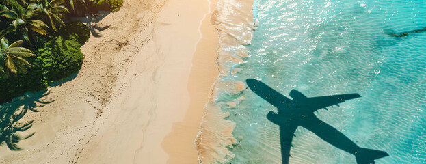 Aerial View of an Airplanes Shadow Over a Tropical Beach on a Sunny Day