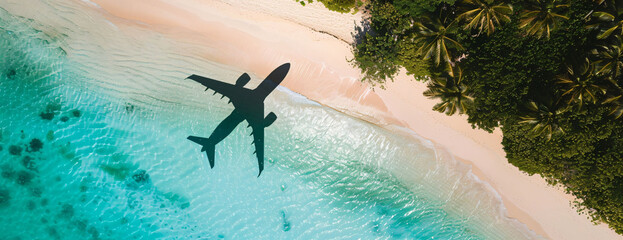 Aerial View of an Airplanes Shadow Over a Tropical Beach on a Sunny Day