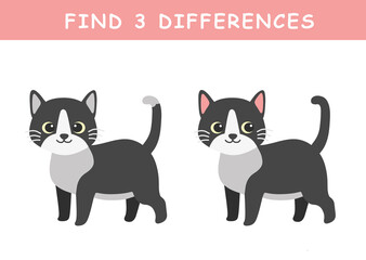 Find 3 differences in illustration. Educational activity with cute cat illustration. Spot difference. Educational fun game for children.