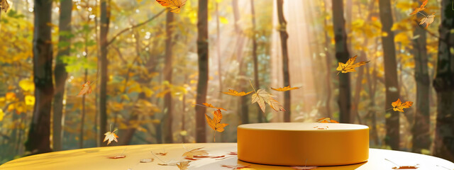 Présentoir rond sur un fond de foret avec une belle lumière, nature, automne, pour produit cosmétique et de beauté, naturel, élégant, féminin.