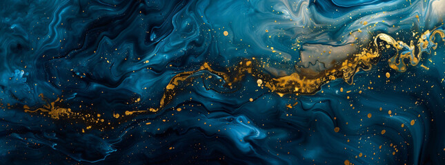 Abstract Blue and Gold Fluid Art Painting Displaying Dynamic Movement and Textures