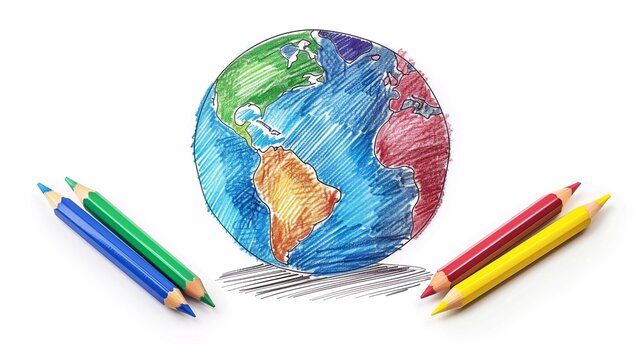Planet Earth, children's drawing with colored pencils on a white background 