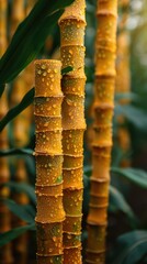 Golden bamboo stems in a lush forest, vertical orientation.