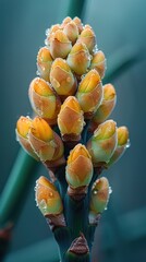 Close-up of dew-covered flower buds with a soft-focus background.