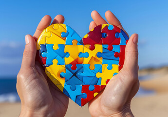 Mains tenant un cœur en pièces de puzzle, devant un ciel bleu, symbole autisme