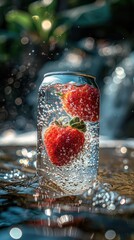 Two strawberries splashing into a glass of water with vibrant droplets and boke background.