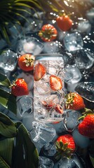 Glass jar among ice cubes and strawberries with tropical leaves in sunlight.