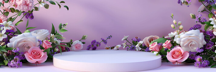 Présentoir rond sur un fond floral pour produit cosmétique et de beauté, naturel, élégant, féminin.