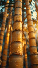 Golden light filtering through a bamboo forest, highlighting the texture of the bamboo trunks.
