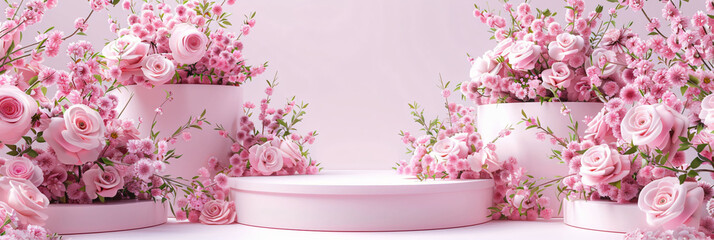 Présentoir rond sur un fond floral pour produit cosmétique et de beauté, naturel, élégant, féminin. - obrazy, fototapety, plakaty