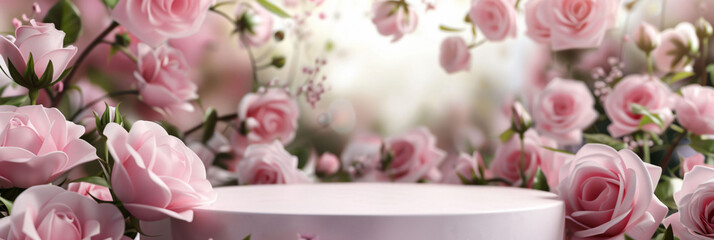 Présentoir rond sur un fond floral pour produit cosmétique et de beauté, naturel, élégant, féminin.