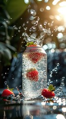 Refreshing strawberry infused water splashing in a clear bottle with fresh berries and mint, backlit with bokeh effect.