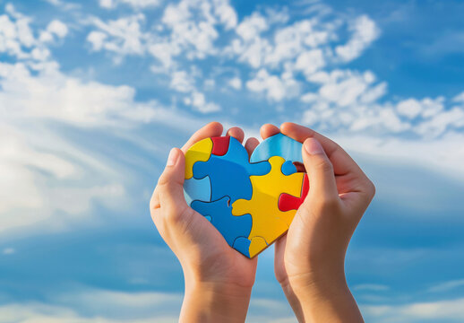 Mains tenant un c&oelig;ur en pi&egrave;ces de puzzle, devant un ciel bleu, symbole autisme