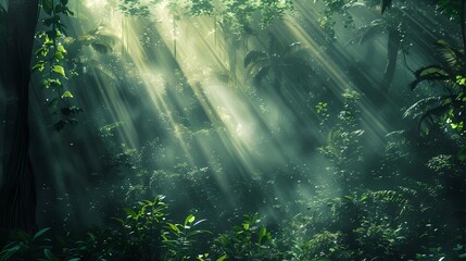capture a dark rainforest scene with sun rays filtering through the dense foliage, creating a mystical atmosphere