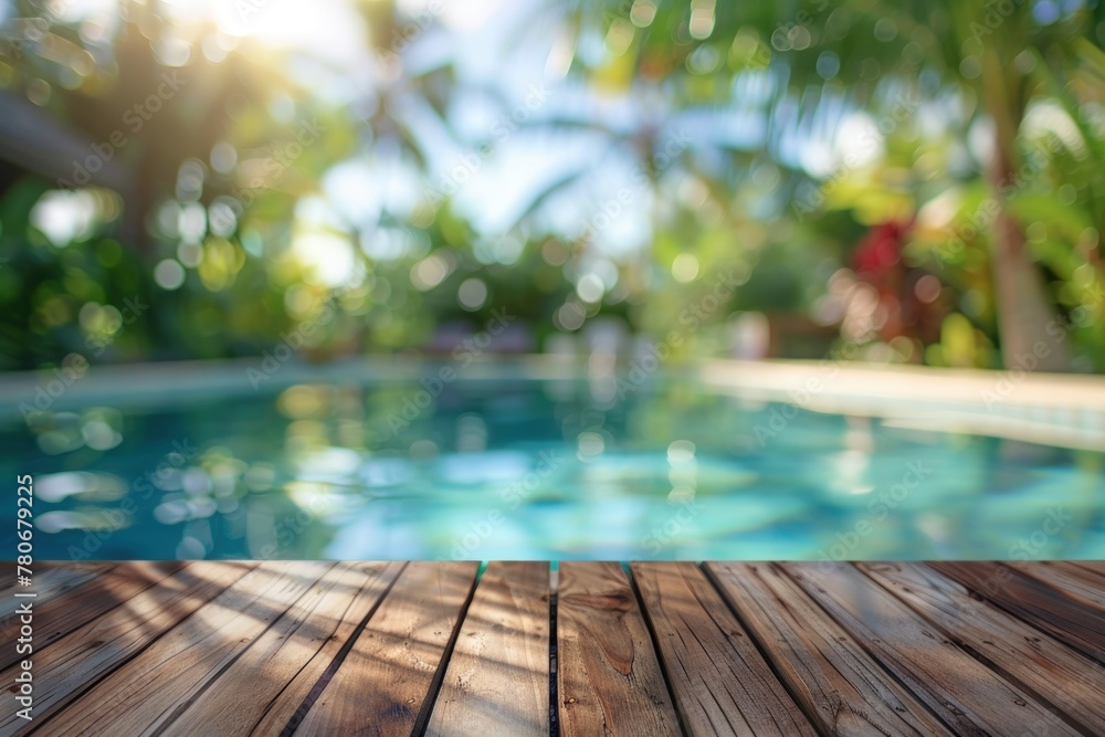 Poster beautiful blurred background of an empty wooden table and swimming pool. generate ai image
