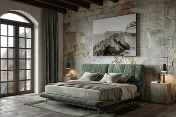 Elegant bedroom interior with a plush green bed, stylish furnishings, and a large window with balcony view.