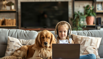 Little girl schoolgirl sitting on the sofa with a dog holding a laptop in her hands, concept of leisure time for children, distance learning online