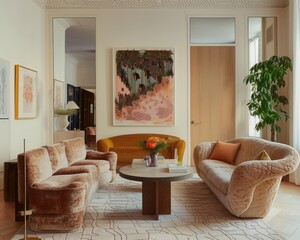 Elegant living room interior with plush pink sofas, modern art, and warm natural light.