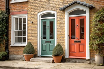 Two colorful front doors in teal and red, set against a classic brick backdrop with white framed PVC and UPVC windows, flanked by neat topiary in terracotta pots.