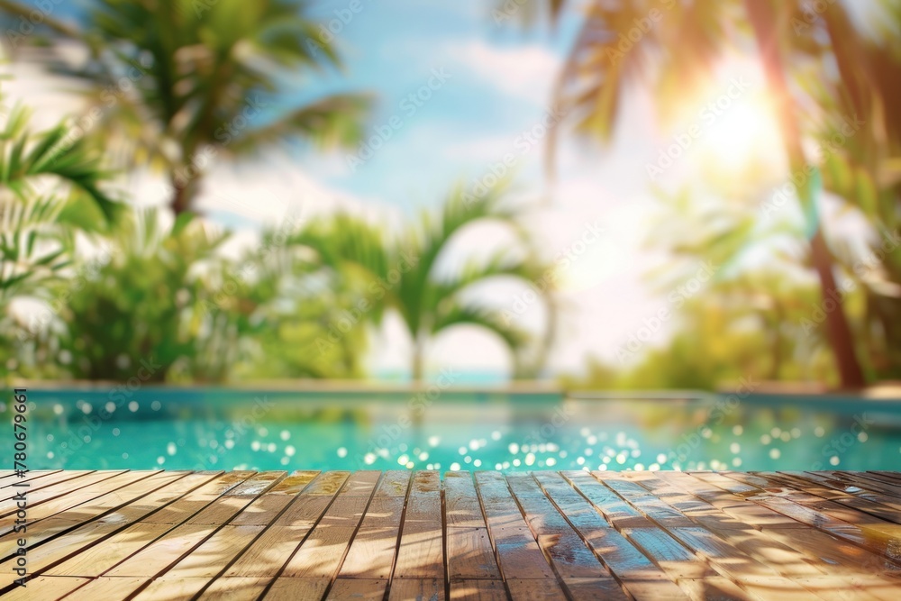 Aufkleber beautiful blurred background of an empty wooden table and swimming pool. generate ai image