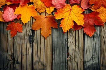 Naklejka na ściany i meble wooden background with autumn maple leaves. generative ai.