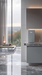 Modern bathroom interior with city view at sunset, featuring a sleek sink and wall-mounted boiler.