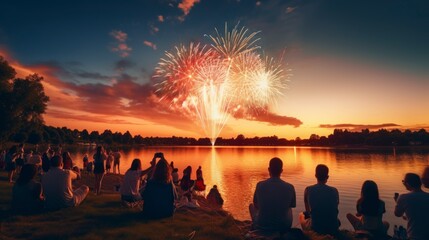 people with their backs to themselves sitting next to a lake on a beautiful sunset watching fireworks. friends meeting concept - obrazy, fototapety, plakaty