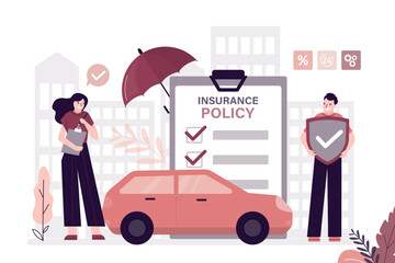 Insurance agent presenting service making deal with client. Car under insurance policy and umbrella. Customer driver holds protective shield.