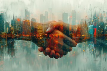 Double exposure of a handshake and cityscape, symbolizing business agreements and urban partnerships.