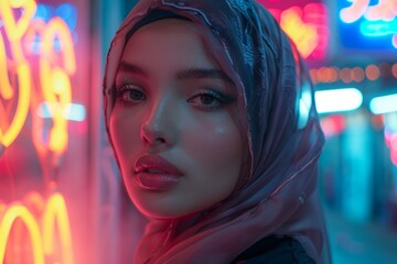 A young beautiful Malaysian Muslim woman wearing an avant-garde hijab against a background of bright neon lighting.