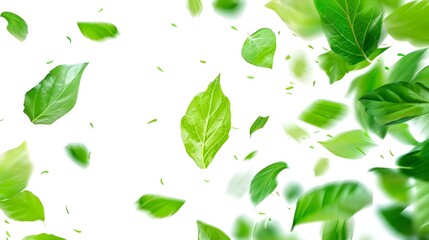 Green leaves flying in the air isolated on white background, Day of clean air.