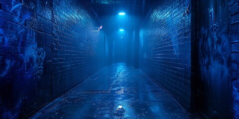 In a futuristic underground tunnel, neon lights illuminate a menacing corridor with abstract,...