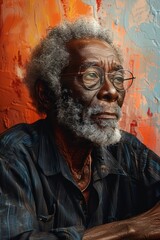 Portrait of a thoughtful elderly man with glasses against a vibrant orange backdrop, depicting wisdom and contemplation.