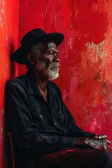 Elderly man with a hat sitting against a red wall, contemplative expression, natural light, textured background.