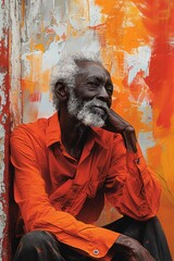 Elderly man with a thoughtful expression, wearing a bright orange shirt, against a colorful abstract background.