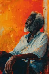 Portrait of a contemplative elderly man against a vibrant orange backdrop, evoking a sense of wisdom and introspection.