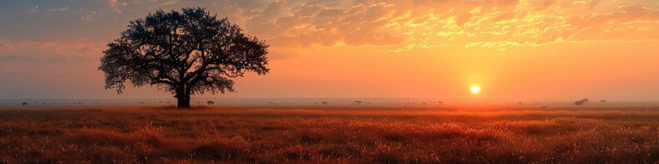 The vast savanna at sunset, a scenic landscape with trees and grasslands.