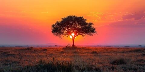 In the African savannah, vivid sunset hues silhouette acacia trees against the horizon.