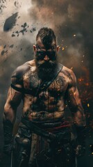 Intense warrior with tattoos standing amidst smoke and embers, exuding strength and resilience.